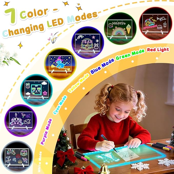 2026 LED Drawing Board for Kids Ages 6+, 1 Pack 13.7" x 9.75" Plug-in Light Up Dry Erase Board with Colors, 7 Color Modes, Stand, Markers, Spray Bottle & Italian Brainrot Tracing Booklet