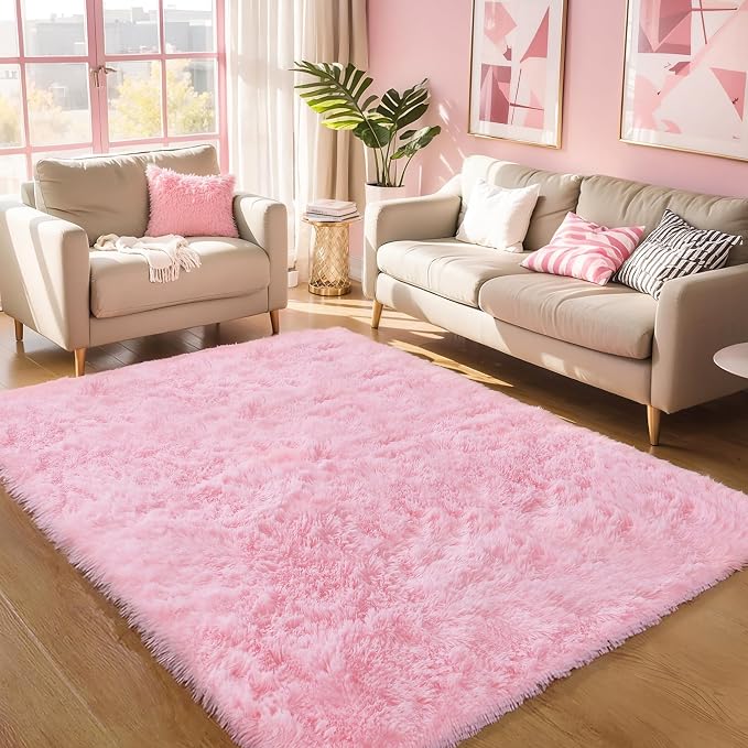 5x7 Pink Shag Rug for Girls Bedroom, Soft Plush Fluffy Carpet | Area Rug for Living Room, Kids Nursery, Boys Dorm Room, Washable Non Slip Shaggy Floor Carpet