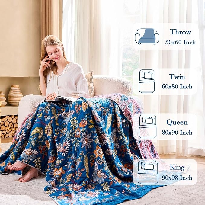 XIBLC Fall Throw Blanket for Couch, Blue Boho Decorative Throw Blanket, 100% Cotton Muslin Breathable Woven Farmhouse Blankets Quilt, 50"x60" Reversible Lightweight Blankets Bohemian Throw Quilt