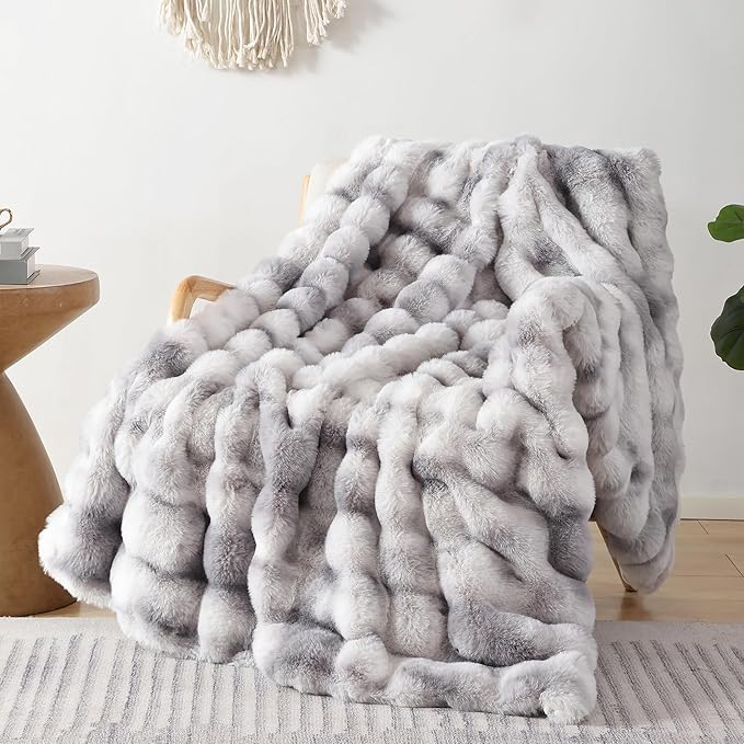 Faux Fur Throw for Couch - Tie-dye Grey Bubble Blanket 50"x60" | Fluffy Plush Fuzzy Throw for Sofa & Bed, Super Soft Cozy Comfrt Blanket, Luxury Aesthetic Grey Decor Gift for Women