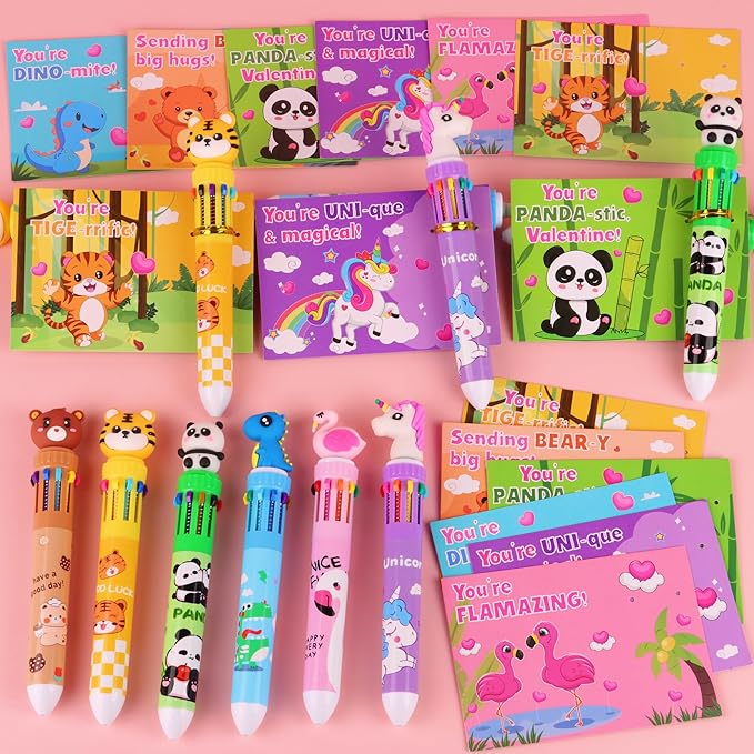 24 Pack Valentines Day Gifts for Kids Classroom 10-in-1 Multicolor Ballpoint Pens with Valentines Cards for Kids School, Valentines for Kids Classroom Class Exchange Gifts Party Favors for Boys Girls