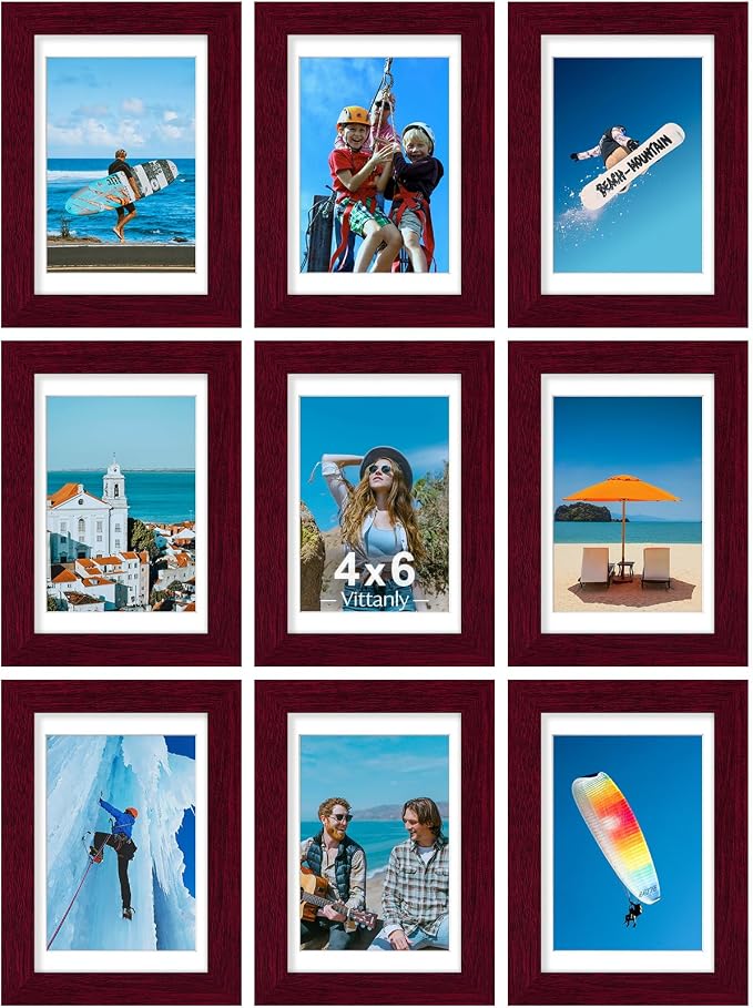 Vittanly 4x6 Picture Frames Set of 9 for Wall Mount & Tabletop, Cherry Red | Display Pictures 3.5x5 with Mat or 4x6 without Mat, Small Photo Frames, Engineered Wood with Shatter Resistant Plexiglass