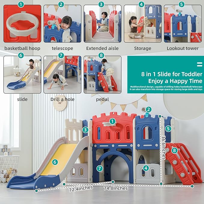 8 in 1 Toddler Slide, Castle-Themed Indoor Outdoor Playground for Toddlers Age 1+ with Extra-Long Slide, Basketball Hoop and Ball, Telescope, Tunnel, Storage Space, Baby Climber Playset, Colourful
