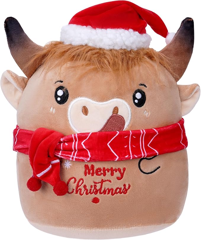 Christmas Cow Stuffed Animal: 8-Inch Cute Highland Cow Plush Toy with Festive Scarf Soft Plushie Pillow, Perfect Christmas Holiday Birthday Gifts for Kids Girls Boys