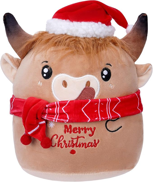 Christmas Cow Stuffed Animal: 8-Inch Cute Highland Cow Plush Toy with Festive Scarf Soft Plushie Pillow, Perfect Christmas Holiday Birthday Gifts for Kids Girls Boys