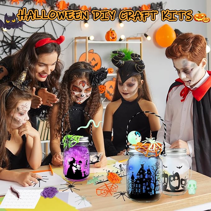 Halloween Craft Kit for Kids, 4 pcs Glass Mason Jar with Accessories for DIY Lantern Jar, Halloween Art & Craft Party Supplies for Classroom,Art and Craft Party Supplies for Kids