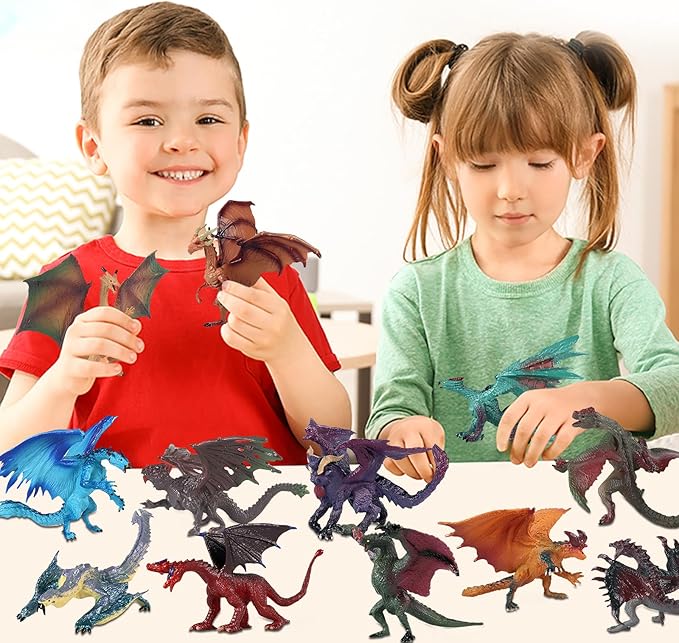 12 Pcs Mini Dragon Figurine Kit 3 Inch Realistic Hand Painted Dragon Models Plastic Magic Dragon for Birthday Party Favors Cupcake Toppers