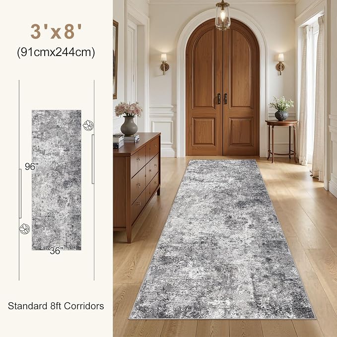 UERMEI 3x8 Washable Runner Rug for Hallway, Non Slip Low Pile Kitchen Carpet, Neutral Modern Abstract Indoor Floor Mat for Entryway Laundry, Kid & Pet Safe High Traffic Area, Grey