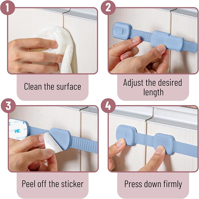 Bate- Child Safety Strap Locks, 6 Pack, Dusty Blue, Baby Locks for Cabinets, Drawers, Kitchen, Toilet, Furniture, Fridge, Multi-Purpose, Easy Install with Quick 3M Adhesive for Childproofing
