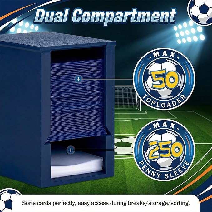Toploader Dispenser & Penny Sleeve Holder - Dual Compartment Holds 250 Penny Sleeves & up to 50 Top Loaders, Stackable Card Storage Box with Dustproof Lid (Navy)
