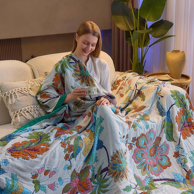 XIBLC Summer Throw Blanket, 60"x80" Reversible Bohemian Flower Blanket, 100% Cotton Muslin Breathable Woven, Farmhouse Decorative Throw Blanket