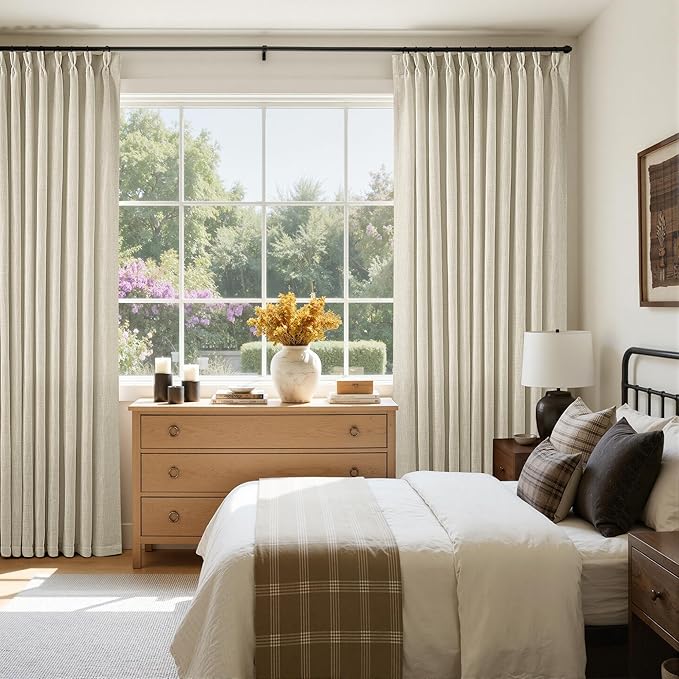 Pinch Pleated Extra Wide Beige Linen Curtain 92 Inches Long 70 Wide 1 Panel | for Patio Sliding Door Living Room, Pinch Pleat with Hooks Rings, Room Divider, Light Filtering Semi Sheer Privacy W70xL92