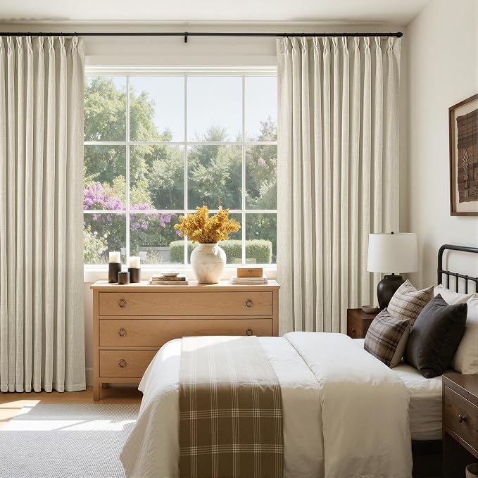 Pinch Pleat Extra Wide Beige Linen Curtain 120 Inches Long 70 Wide 1 Panel | for Patio Sliding Door Living Room, Pinch Pleat with Hooks Rings, Room Divider, Light Filtering Semi Sheer Privacy W70xL120