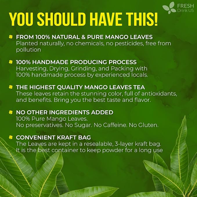 FreshDrinkUS, 8 oz Premium Dried Mango Leaves (Mangifera indica) – Cut & Sifted Loose Leaf for Herbal Tea – Natural Botanical Leaves for Hot & Iced Infusions – Non-GMO, No Additives, Resealable Pouch