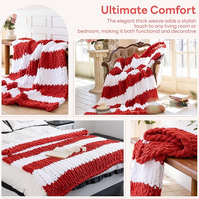 Chunky Knit Blanket - Luxury Soft Cozy 60 * 80 Throw Blanket,100% Woven Blanket Rope Knot Throw Blanket for Couch, Sofa, Home Decor, Gift - Machine Washable (White/Wine red, 60 * 80)