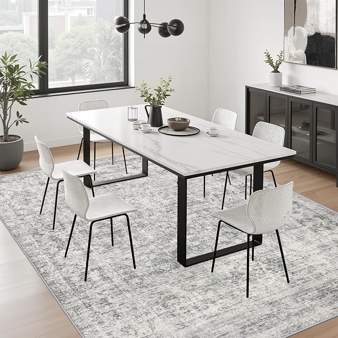 6x9 Area Rug Living Room Rug: Washable Modern Abstract Soft Thin Rug Indoor Floor No Slip Carpet for Bedroom Dining Room Farmhouse Nursery Home Office - Retro Black Grey