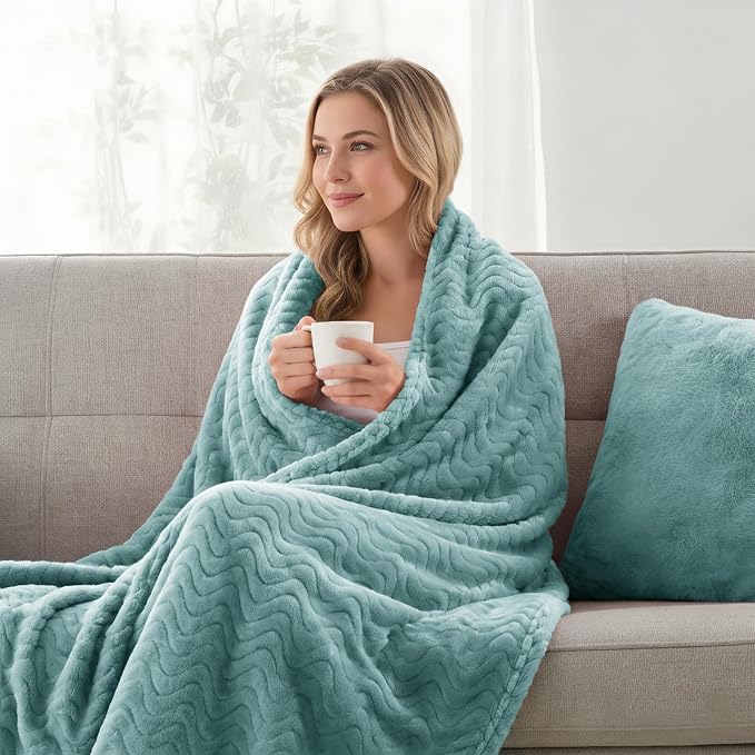 Exclusivo Mezcla Soft Fleece Blanket Twin Size for Bed, Sofa, Celadon | 90"x66" Breathable Lightweight Flannel Blanket for Summer, Plush Cozy Jacquard Wave for Home Decor