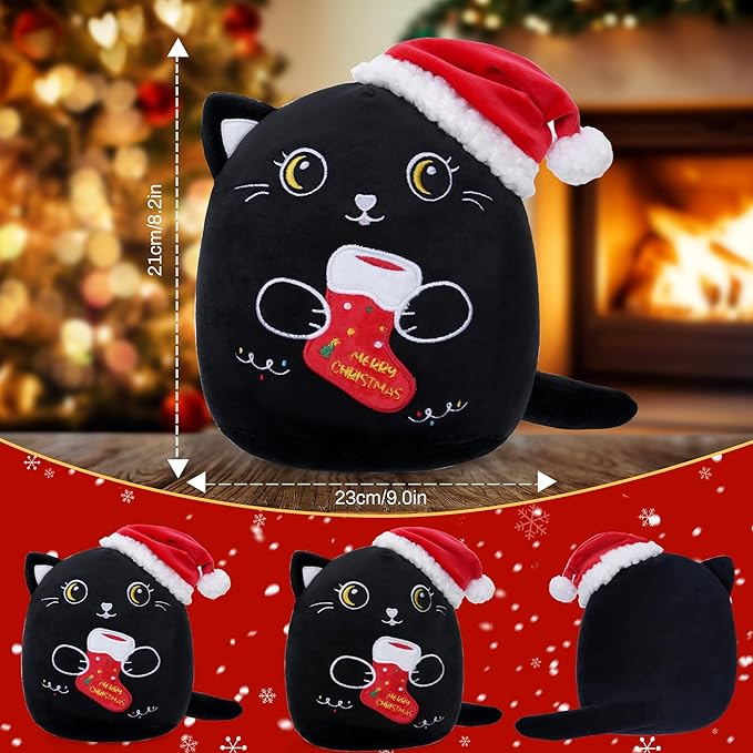 Christmas Cat Stuffed Animal: 8-Inch Cute Black Cat Plush Toy with Santa Hat and Christmas Stocking Soft Plushies Pillow, Holiday Birthday Decoration Gifts for Kids Girls & Boys (8-Inch)