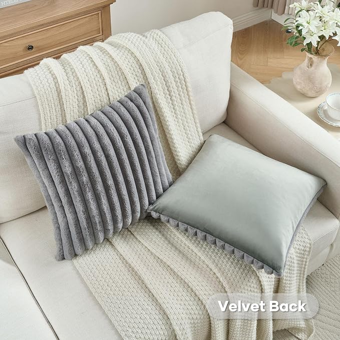 FUTEI Pack of 2 Faux Fur Throw Pillow Covers 12x20 Inch, Grey | Fluffy Faux Rabbit Fur Front/Premium Velvet Back,Hidden Zipper,Machine Washable,Non-Shedding,Colorfast,Insert Not Included.