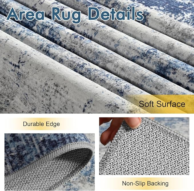 8x10 Ft Large Area Rugs for Living Room, Soft Non-Slip Washable Rugs Modern Abstract Pattern Carpet for Bedroom Indoor Floor Nursery Home Decor (Blue)