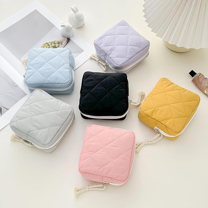 Small Makeup Bag | Discreet Period Bag Pad Pouch for Purse| Sanitary Napkin Storage & Tampon Holder for Travel (Quilted light blue)