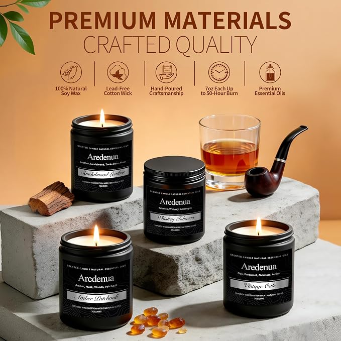 Mens Candle Set – Manly Candles for Men, 4 Pack Soy Candles for Home Scented, Masculine Candle Gift Set - Includes Sandalwood Leather, Whiskey Tobacco, Amber Patchouli & Vintage Oak