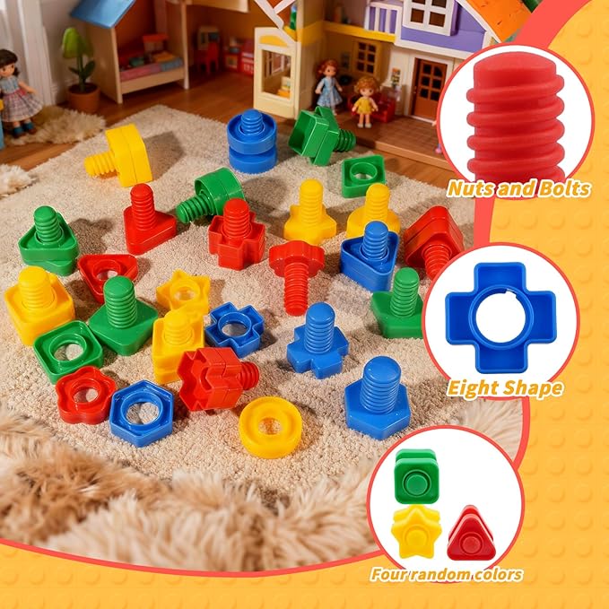 Bbiamsleep 40 Pcs Plastic Nuts and Bolts Fine Motor Skills Shapes and Color Matching for Sorting Counting Training (Random)