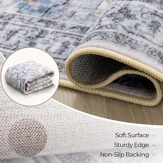 CAPALOCA Round 6ft Washable Nursery Girls Low Pile Area Rug Blue White | Non-Slip Soft Rugs for Bedroom Kids Playroom Living Room, Print Pattern Water Repellent Carpet Indoor Decor