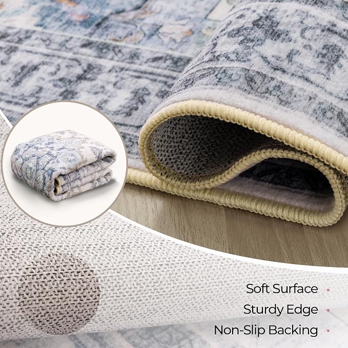 CAPALOCA Square 5ft Washable Nursery Girls Low Pile Area Rug Blue White | Non-Slip Soft Rugs for Bedroom Kids Playroom Living Room, Print Pattern Water Repellent Carpet Indoor Decor