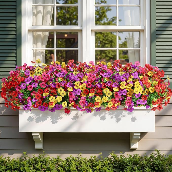 Alupssuc 48 Bundles Artificial Daisy Flowers UV Resistant for Outdoor Decor | Silk & Plastic, Spring Faux Plants Greenery, Bendable Stems, for Porch Patio Hanging Window Planter Yard Outside, 4 Colors