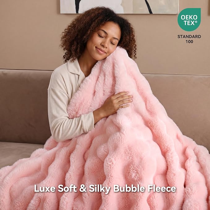 Faux Rabbit Fur Throw for Couch - Blush Pink Bubble Blanket 60"x80" | Fluffy Plush Fuzzy Throw for Sofa & Bed, Super Soft Cozy Comfrt Blanket, Luxury Aesthetic Pink Decor Gift for Women