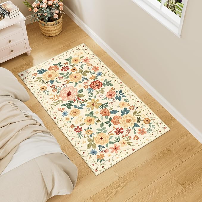 DUKINO 2x4 Entryway Rug, Floral Washable Kitchen Rugs Non Slip Beige Yellow | Low Pile, Soft Indoor Runner Rug for Hallway, Bedroom, Bathroom, Laundry, Pet Friendly, Modern Home Decor, Stain Resistant