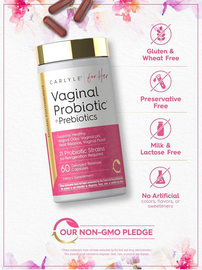 Carlyle Vaginal Probiotics for Women | 60 Capsules | with Prebiotics | Supports Healthy Odor, pH, Yeast Balance, and Flora | Vegan, Non-GMO, Gluten Free | For Her