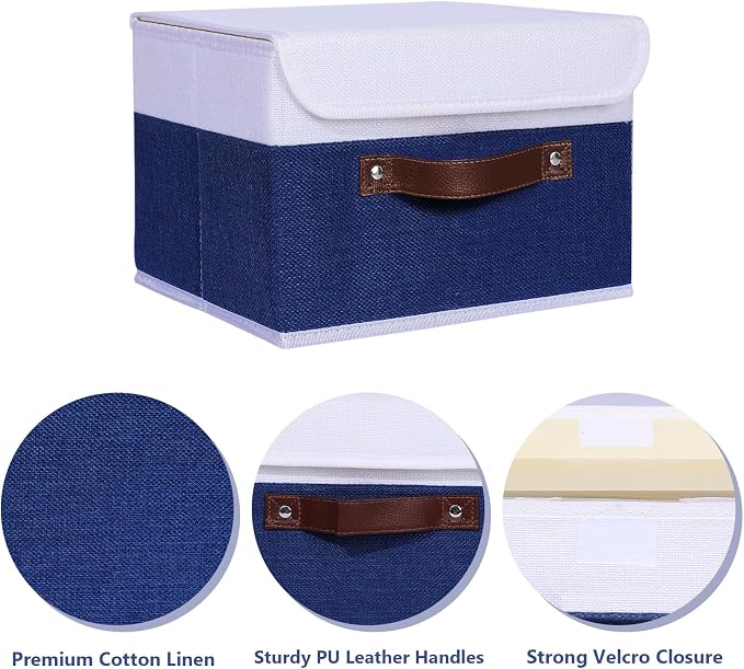 ANMINY Fabric Storage Box Bins with Lids, Blue White, 13"x9"x7.9" | Keepsake Memory Storage, Cotton Linen, PP Board Reinforced, Washable, PU Handles, Foldable & Stackable, Decorative, Medium