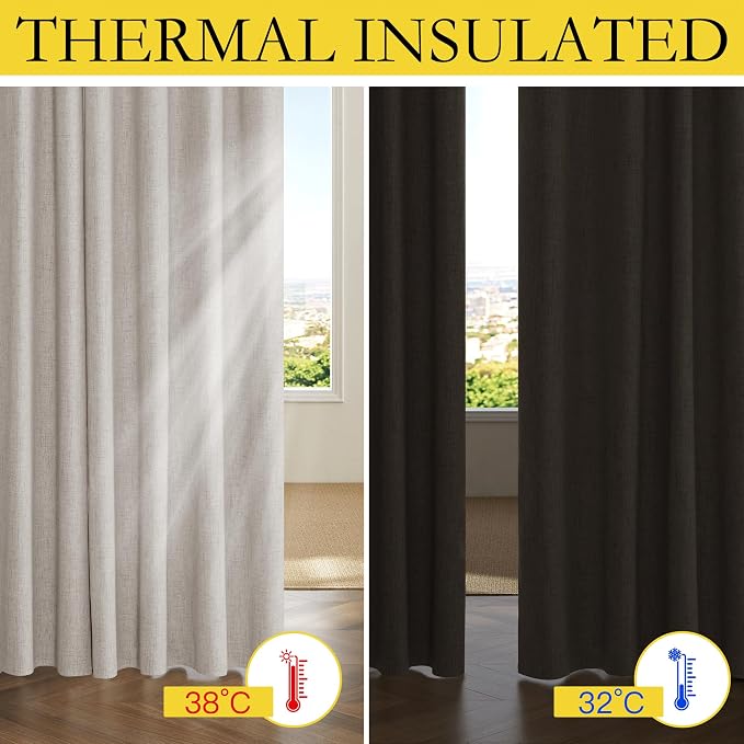 NICETOWN 100% Blackout Brich Linen Curtains for Dingning Room 90 inches Long, Thermal Insulated Window Treatments with Privacy Liner, 2 Panels, 52" W, Noise Reducing Blend Drapes for Living Room