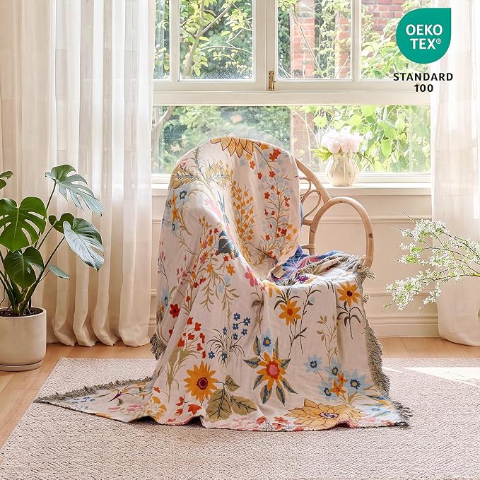 MSGKV Boho Throw Blanket 50"x60" 100% Cotton Floral Chair Blanket for Couch | 100 Cotton Throw, Floral Garden Design, Muslin Blanket, Summer Breathable, Farmhouse Home Decor, All Season, Machine Washable