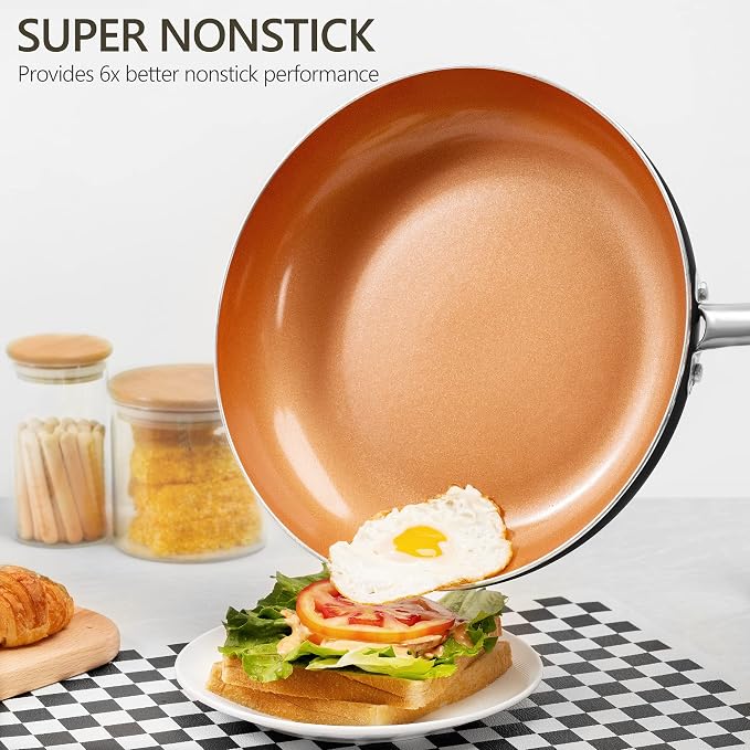 MICHELANGELO Frying Pan with Lid, Nonstick 8 Inch Frying Pan with Ceramic Titanium Coating, Copper Fry Pan with Lid, Small Fry Pan 8 Inch, Nonstick Fry Pans