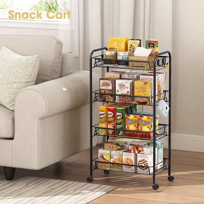 TOOLF 4-Tier Rolling Cart, Metal Utility Cart with 3 Hooks, Easy Assemble Mobile Storage Trolley On Wheels, Metal Shelving Units Kitchen Bathroom Laundry Room