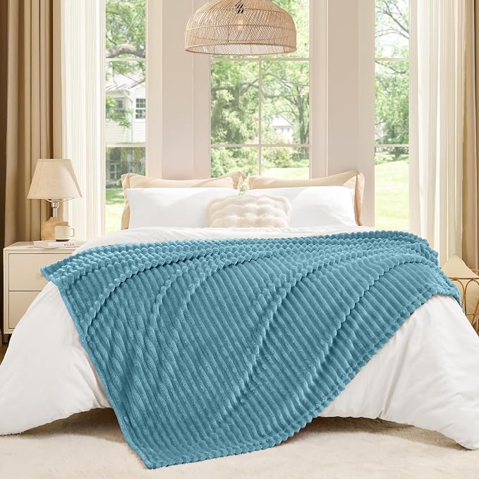 BEDELITE 3D Ribbed Washed Blue Fleece Twin Blanket for Bed, 60x80 Inch | Soft Warm Decorative Fluffy Blanket, Cozy Plush Lightweight Fuzzy Throw Blanket for Couch Sofa Room Decor, Gift for Women