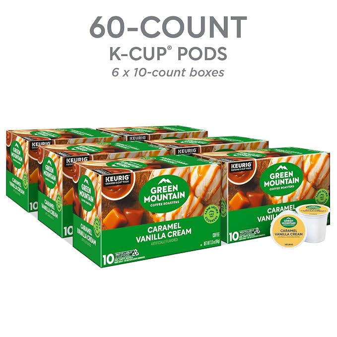 Green Mountain Coffee Roasters Caramel Vanilla Cream, Keurig Single Serve K-Cup Pods, Light Roast Coffee, 60 Count, (6 Packs of 10)