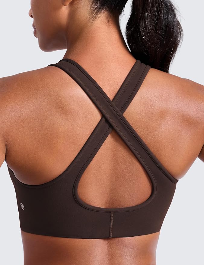 CRZ YOGA Butterlift Deep V Neck Sports Bras for Women - Padded Gym Wide Straps Cut-Out Cross Back Crop Pilates Workout Top