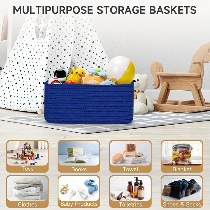 3 Pack Small Storage Baskets for Organizing, 11.8×7.8×5.1", Klein Blue | Woven Baskets for shelves, Cotton Rope Basket for Gifts Empty, Closet Organizer Bins with Handles, Cube Decorative Box