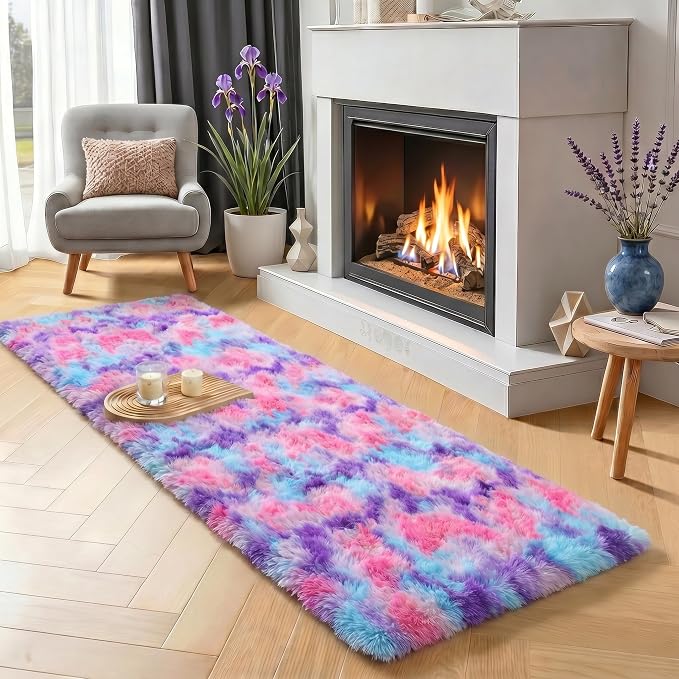 PAGISOFE Ultra Soft Runner Rugs for Hallway 2x6 Ft, Fluffy Cute Colorful Pastel Princess Carpet for Girls Bedroom Teens Nursery, Rainbow Purple Rugs for Room Decor Aesthetic, Hot Pink Purple Decor