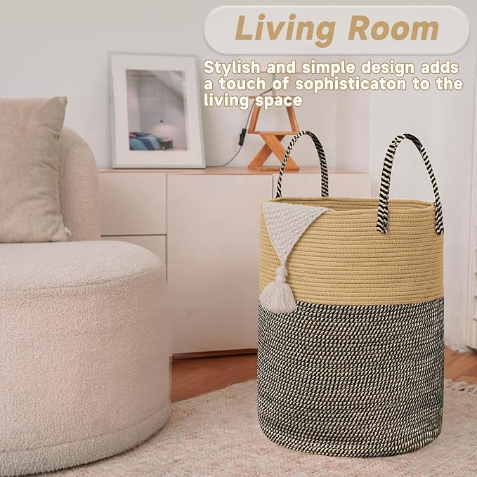 JMvicyroam 80L Cotton Rope Laundry Basket Hamper, Brown and Black | Collapsible laundry basket, reinforced handles, freestanding, machine washable, holds 3-5 thick blankets, clothes or toys