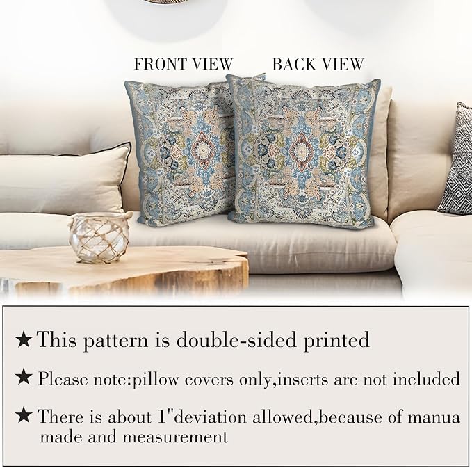 Boho Floral Throw Pillow Covers 16x16 inch Set of 2,Blue Boho Rug Geometric Floral Pattern Decor Double Sided Pattern Cushion Cover Soft Pillow Case Living Sofa Room Bed Square Pillow Cover