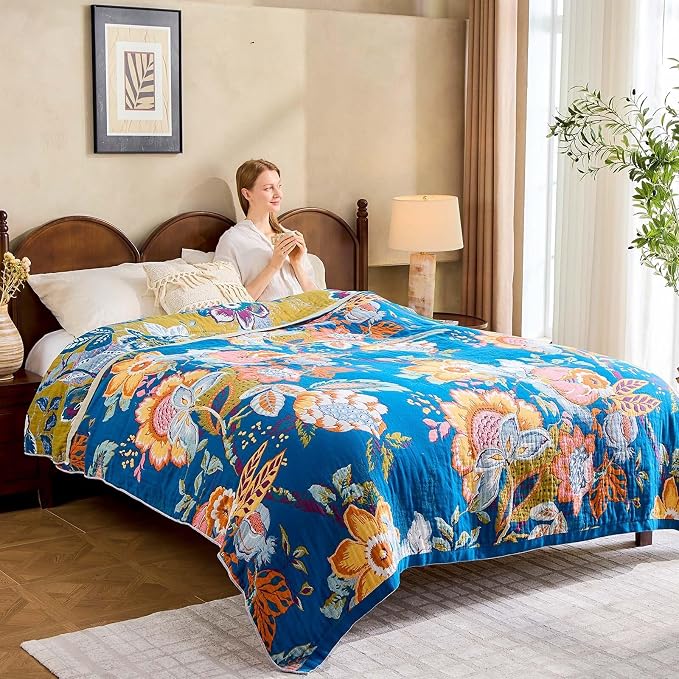 XIBLC Boho Throw Blanket, Blue Lightweight Blankets for Summer, 100% Cotton Bohemian Decorative Throw Blanket, 60"x80" Reversible Muslin Breathable Woven Farmhouse Blankets Quilt,