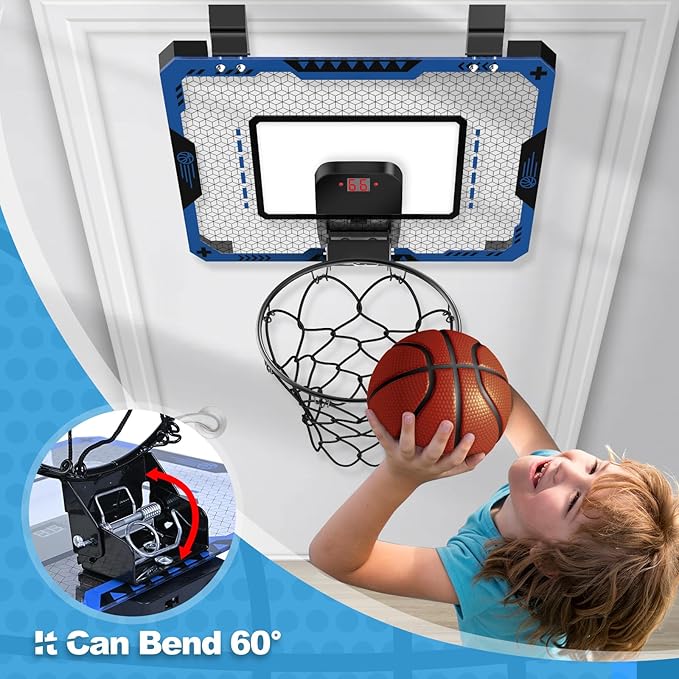 Indoor Basketball Hoop for Kids Age 5-10, with Electronic Scoreboard & 3 Balls - Over The Door Mini Hoop for Boys' Birthday