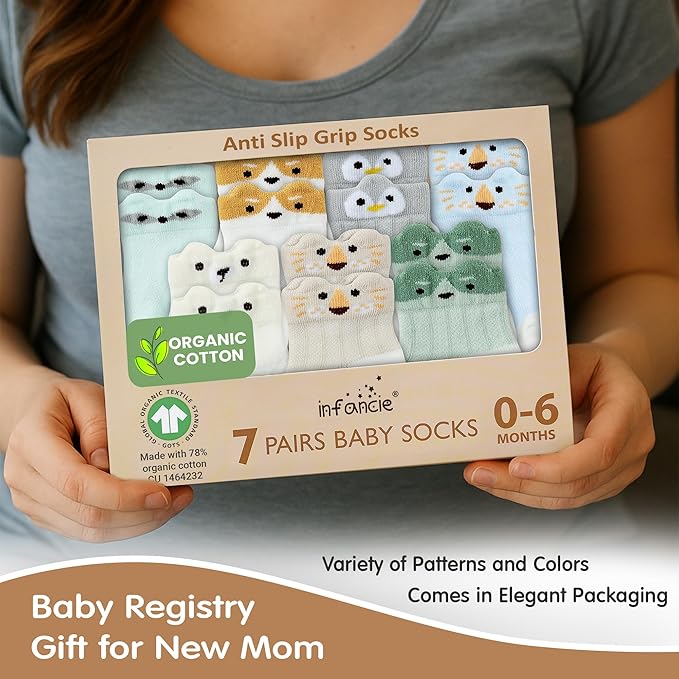 Organic Cotton GOTS Certified Non-Slip Baby Socks 0-6 Months - 7 Pairs Soft Breathable Newborn Socks Animal Design For Infant