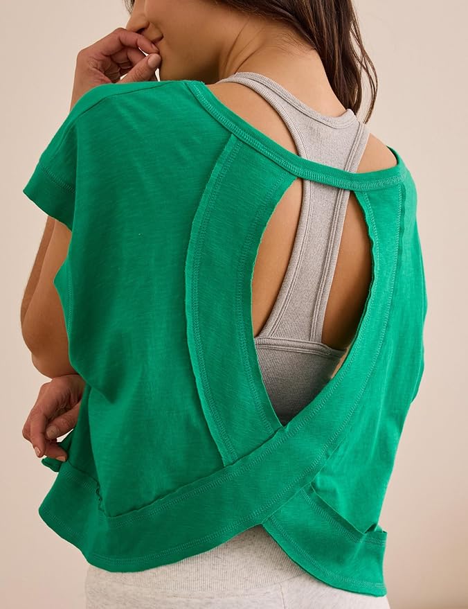 Kumufenc Women Short Sleeve Workout Shirts Open Back Tops Casual Yoga Y2k Athletic Gym Slouchy Crop Running Tees