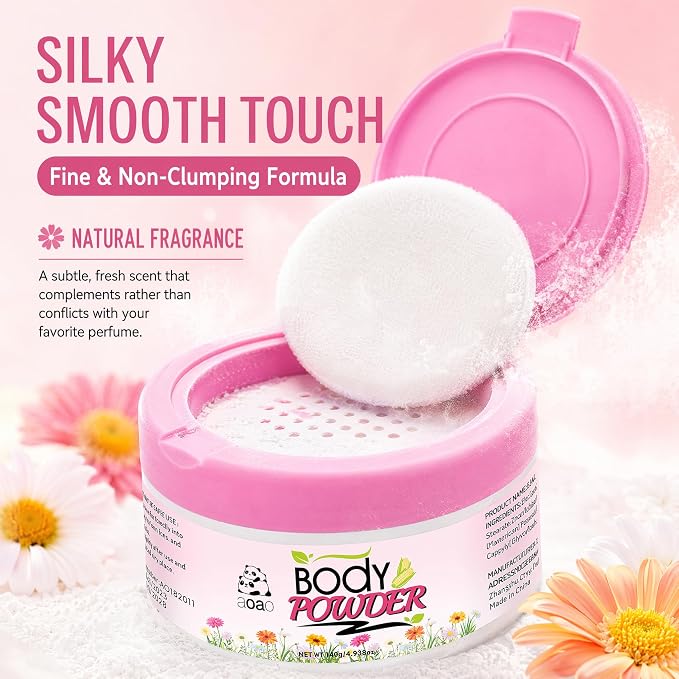 Women's Body Powder with Puff, Talc-Free, Help Reduce Dampness After Shower, Aloe for Sooting, Featherlight, Dusting Powder for Underarm Sweat & Moisture Absorbing, Anti-Chafing Sensitive Skin, 2Pack